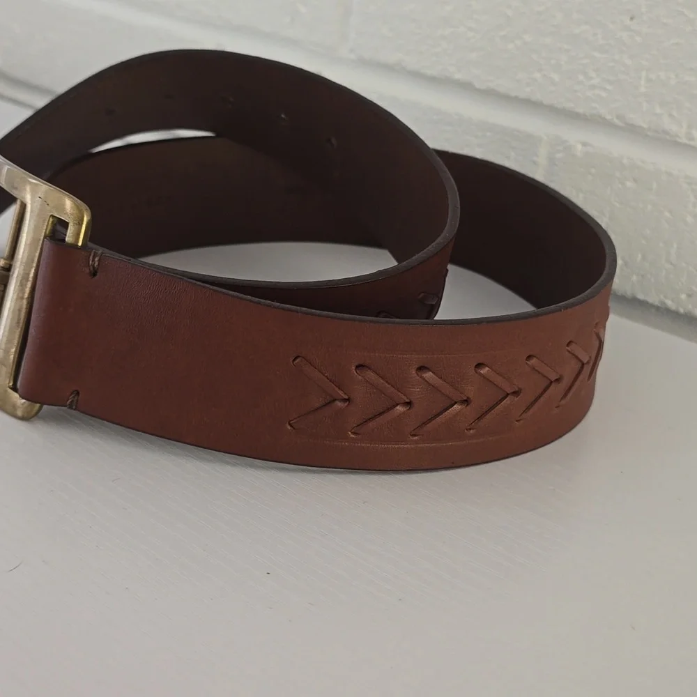 LAUREN Ralph Lauren Women's Tan Whipstitch Leather Belt Size L